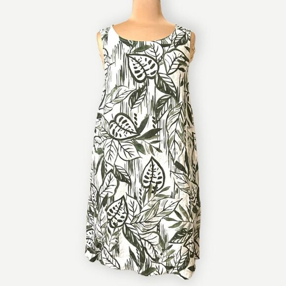 Tahari Tropical Linen Dress White Green M Pockets Shift Summer Casual Hawaiian - Picture 1 of 7